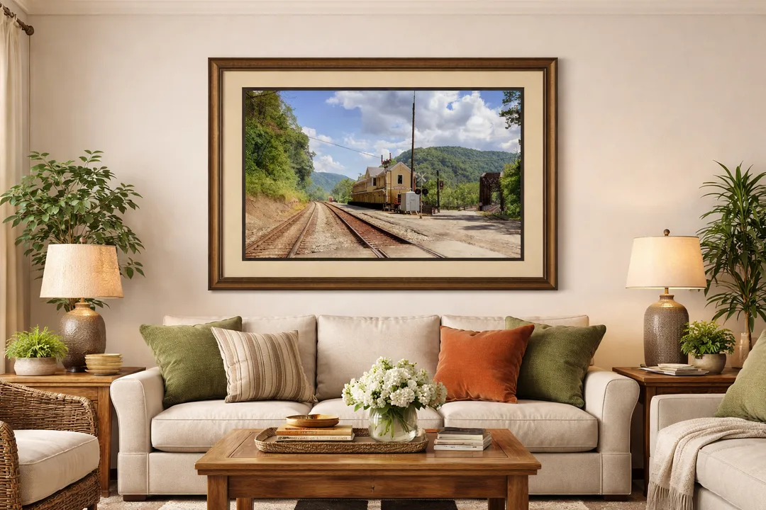A matted and framed photograph showing the Thurmond Depot and the Southside Junction Railroad Bridge in West Virginia, with the historic rail line running along the New River Gorge.