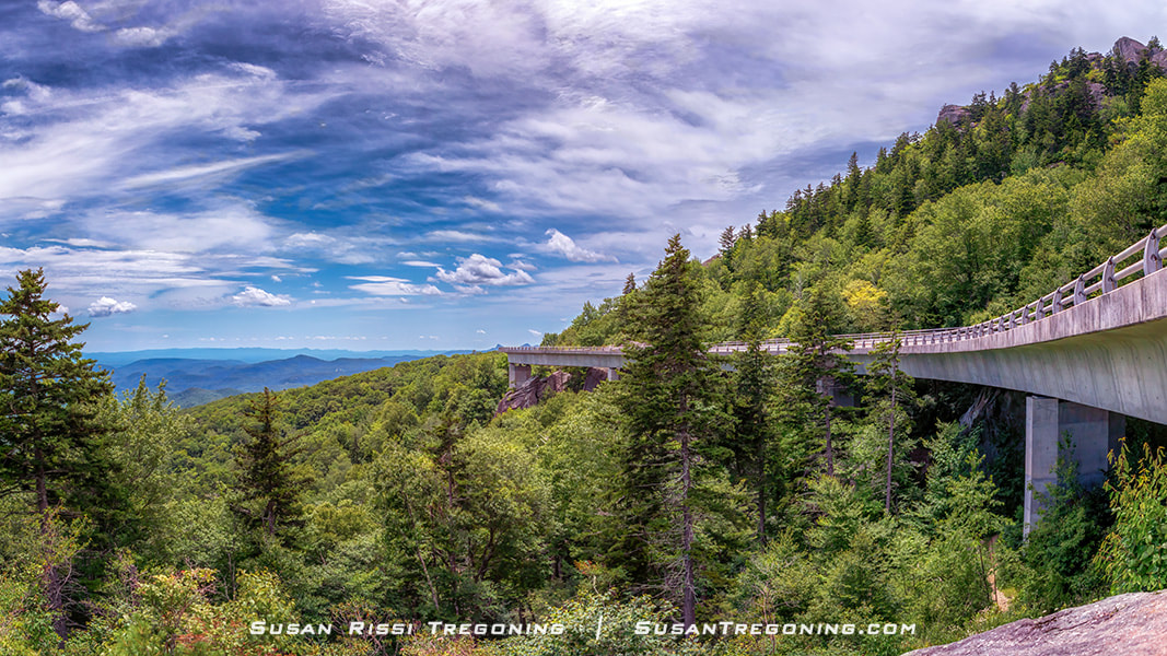 303.9 Yonahlossee Overlook A panoramic view of the Linn Cove Viaduct from the Yonahlossee Overlook. The Linn Cove Viaduct is an internationally recognized engineering marvel by Figg and Muller Engineers. This award-winning 1243 foot long bridge is free-standing and shaped in an S-and-a-half figure designed to follow the contour of Grandfather Mountain without damaging its fragile and ecologically sensitive slopes. The Viaduct was precast in 153 segments, with all but one having a slight curve. Construction started from the south end, with each 50-ton segment being lifted into place one at a time by crane. The only work completed on the ground was drilling footings for the piers, this was completed in segments as each piece was ready to be placed. 