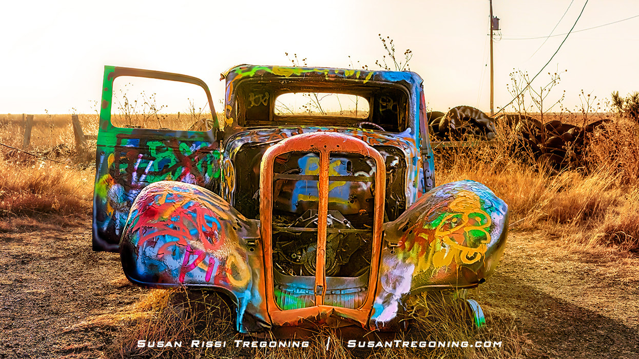 An old graffiti covered car at the Bug Ranch in Conway, Texas.
