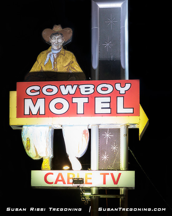 This 1963 giant cowboy neon sign is no longer lit with neon at night, but he’s still quite a looker. Located on Route 66 in the parking lot of Cowboy Motel in Amarillo, Texas, the neon and bulbs are now missing. The bulb holes were filled in when they painted the sign in 2013. 