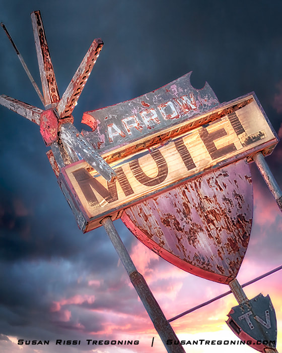 The rusty old neon sign for the Arrow Motel in Soncy, Texas, a tiny community that has now been absorbed into Amarillo, is a Route 66 original. Abandoned and forgotten, with its arrowhead shape and fabulous star topper, it spoke to me, daring me to make it beautiful again.