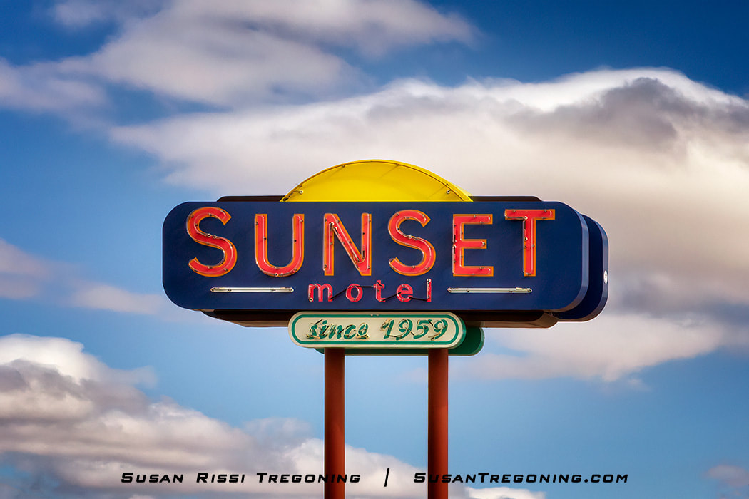 The recently restored Sunset Motel neon sign on Route 66 in Moriarty, New Mexico.