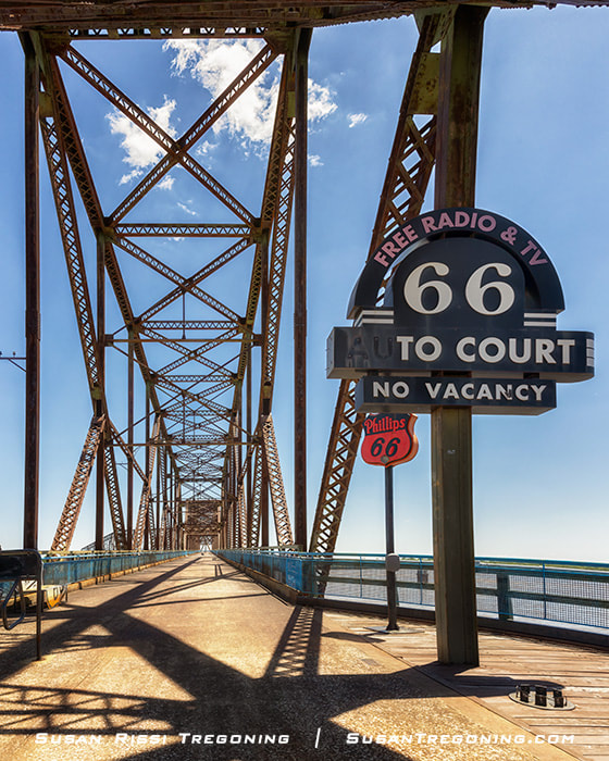 A replica of the 66 Auto Court sign sits on the Old Chain of Rocks Bridge as part of Missouri’s tribute to Route 66. 