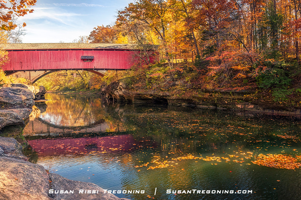 Autumn on the Sugar Creek at the Narrows Covered Bridge in Turkey Run State Park, Parke County, Indiana. With 31 covered bridges, Parke County is known as the 