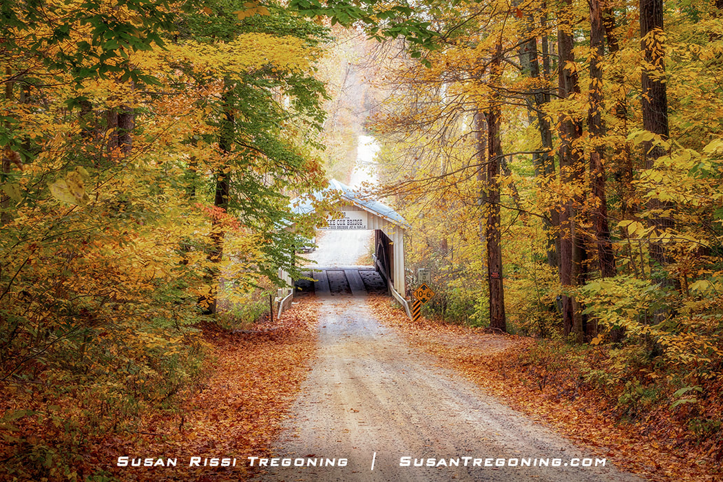 Beautiful fall colors surround the Zacke Cox Covered Bridge in Parke County, Indiana. 