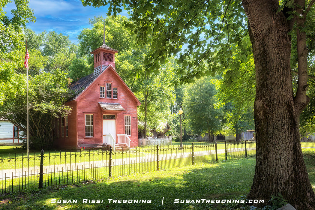The 1923 Huxford one-room schoolhouse on the ground of Billie Creek Village in Rockville, Indiana. Billie Creek Village is 70-acre outdoor living history museum housing 38 Parke County historical buildings. In addition, three of the county’s 31 covered bridges are here. 
