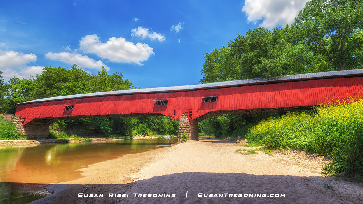  The West Union Covered Bridge in profile from down on the Sugar Creek in Parke County, Indiana. 