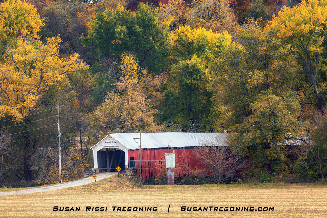 Autumn colors surround the Roseville Covered Bridge in Parke County, Indiana.