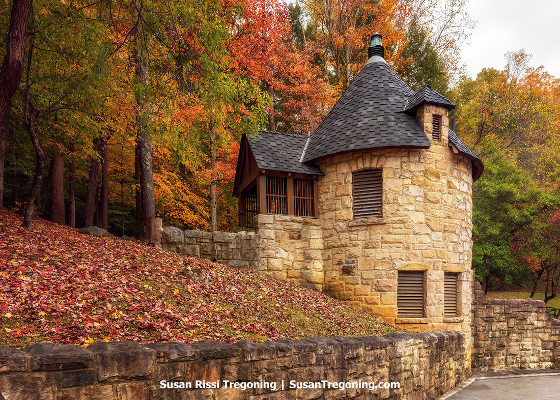 Vibrant autumn leaves encircle this distinctive two-tiered round tower at the main overlook at Hawks Nest State Park. Topped with a whimsical witch's hat roof, this structure never ceases to enchant me with its medieval castle-like feel. 