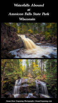 Waterfalls abound at Amnicon Falls State Park near Superior, Wisconsin, USA. A short easy hike with 4 picturesque waterfalls, rapids and a historic bridge. | Susan Rissi Tregoning Photography Blog #Wisconsin
